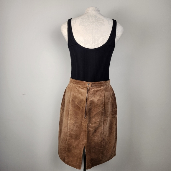 Vintage Brown Suede Leather Skirt Old Money Classic Preppy Size 14 Fits Size M - Picture 5 of 11